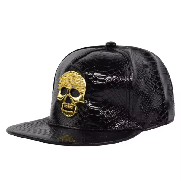 Casquette Similicuir Noir Croco Tête de Mort Acier Doré Casquette Similicuir Noir Croco Tête de Mort Acier Doré.