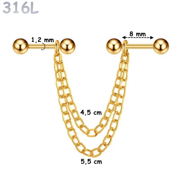 Connecteur Double Piercing Oreille Chaînes & Barbells en Acier 316L Doré PVD Connecteur Double Piercing Oreille Chaînes & Barbells en Acier 316L Doré PVD.