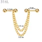Connecteur Double Piercing Oreille Chaînes & Barbells en Acier 316L Doré PVD.