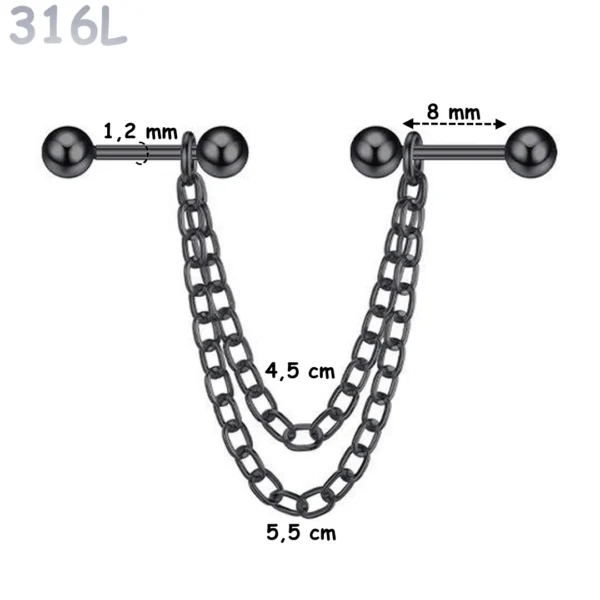 Connecteur Double Piercing Oreille Chaînes & Barbells en Acier 316L Noir PVD Connecteur Double Piercing Oreille Chaînes & Barbells en Acier 316L Noir PVD.