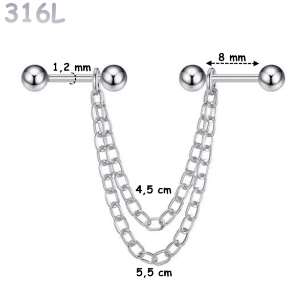 Connecteur Double Piercing Oreille Chaînes & Barbells en Acier 316L Poli Connecteur Double Piercing Oreille Chaînes & Barbells en Acier 316L Poli.