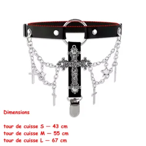 Jarretière Cuir Croix Gothique Chaînes & Clip Porte-Bas (dimensions).