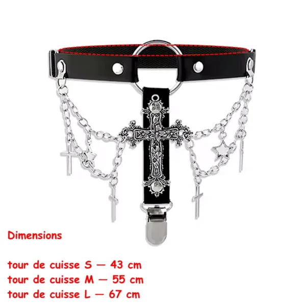 Jarretière Cuir Croix Gothique Chaînes & Clip Porte-Bas (dimensions) Jarretière Cuir Croix Gothique Chaînes & Clip Porte-Bas (dimensions).