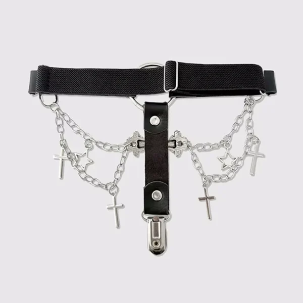 Jarretière Cuir Croix Gothique avec Chaînes Décoratives & Clip Porte-Bas Jarretière Cuir Croix Gothique avec Chaînes Décoratives & Clip Porte-Bas.