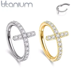 Piercing Anneau Clicker Titane Croix Pavée de Zircons.
