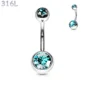 Piercing Nombril à Boules Serties Zirconiums Bleau Aqua en Acier 316L.