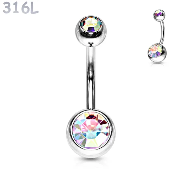 Piercing Nombril à Boules Serties Zirconiums Multicolore Irisé en Acier 316L Piercing Nombril à Boules Serties Zirconiums Multicolore Irisé en Acier 316L.