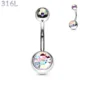 Piercing Nombril à Boules Serties Zirconiums Multicolore Irisé en Acier 316L.