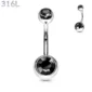 Piercing Nombril à Boules Serties Zirconiums Noir Profond en Acier 316L.