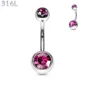 Piercing Nombril à Boules Serties Zirconiums Rose Vif en Acier 316L.