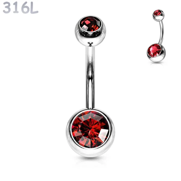 Piercing Nombril à Boules Serties Zirconiums Rouge Intense en Acier 316L Piercing Nombril à Boules Serties Zirconiums Rouge Intense en Acier 316L.
