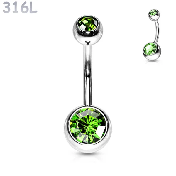 Piercing Nombril à Boules Serties Zirconiums Vert Éclatant en Acier 316L Piercing Nombril à Boules Serties Zirconiums Vert Éclatant en Acier 316L.