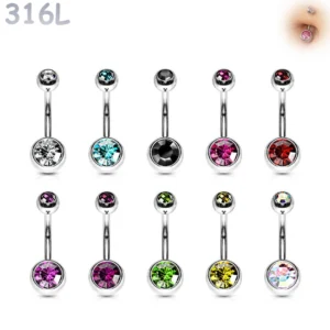 Piercing Nombril à Boules Serties Zirconiums en Acier 316L.