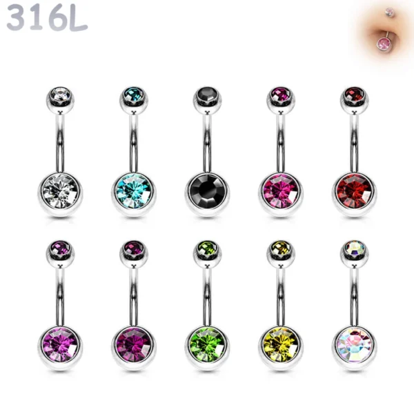 Piercing Nombril à Boules Serties Zirconiums en Acier 316L.
