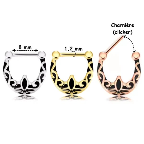 Piercing Septum Clicker Arabesques Noires Acier 316L (dimensions) Piercing Septum Clicker Arabesques Noires Acier 316L (dimensions).