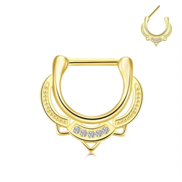 Piercing Septum Clicker Arc Ornemental Zirconiums Acier 316L Doré PVD Piercing Septum Clicker Arc Ornemental Zirconiums Acier 316L Doré PVD.