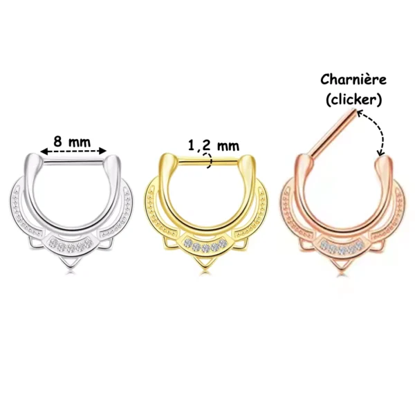 Piercing Septum Clicker Arc Ornemental Zirconiums Acier 316L (dimensions) Piercing Septum Clicker Arc Ornemental Zirconiums Acier 316L (dimensions).
