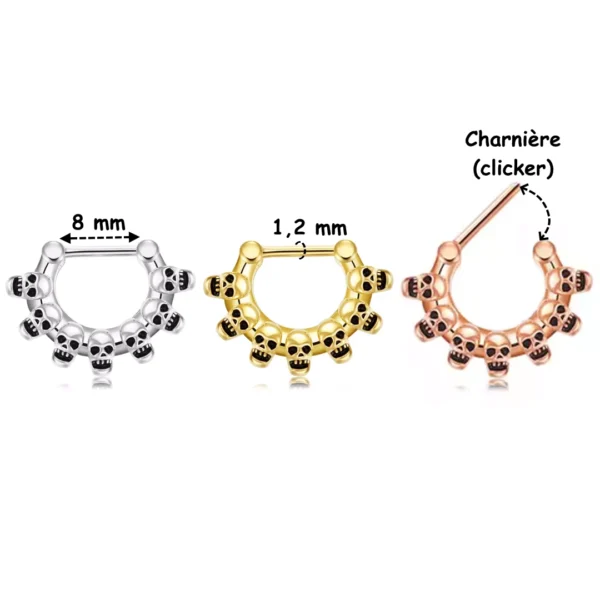 Piercing Septum Clicker Multi Têtes de Mort Acier 316L (dimensions) Piercing Septum Clicker Multi Têtes de Mort Acier 316L (dimensions).