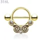 Piercing Téton Spirales Vintage Serties Zirconiums en Acier 316L Doré PVD.