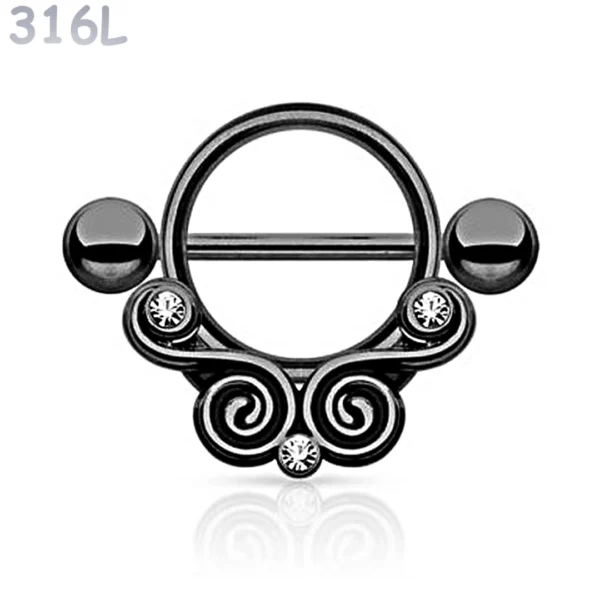 Piercing Téton Spirales Vintage Serties Zirconiums en Acier 316L Noir PVD Piercing Téton Spirales Vintage Serties Zirconiums en Acier 316L Noir PVD.