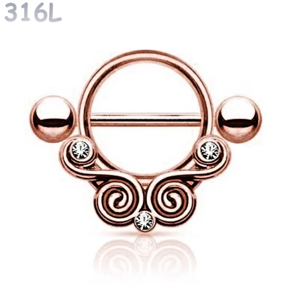 Piercing Téton Spirales Vintage Serties Zirconiums en Acier 316L Or Rose PVD Piercing Téton Spirales Vintage Serties Zirconiums en Acier 316L Or Rose PVD.