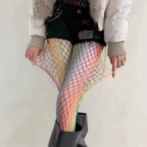 Collants Résille à Maille Large Arc-en-Ciel Y2K Multicolores.