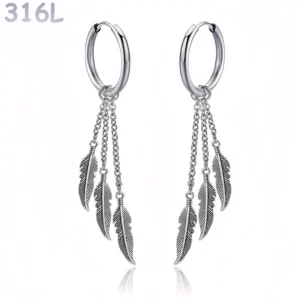 Créoles Plumes Pendantes Acier 316L Clicker.