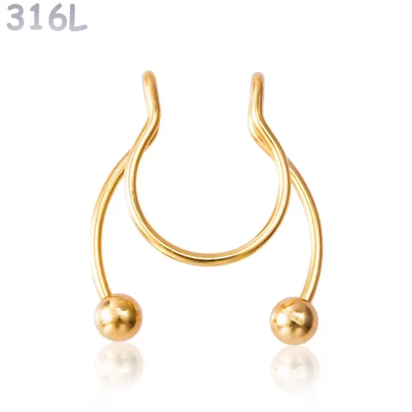 Faux Piercing Nez Septum Fer à Cheval à Billes Acier 316L Doré PVD Faux Piercing Nez Septum Fer à Cheval à Billes Acier 316L Doré PVD