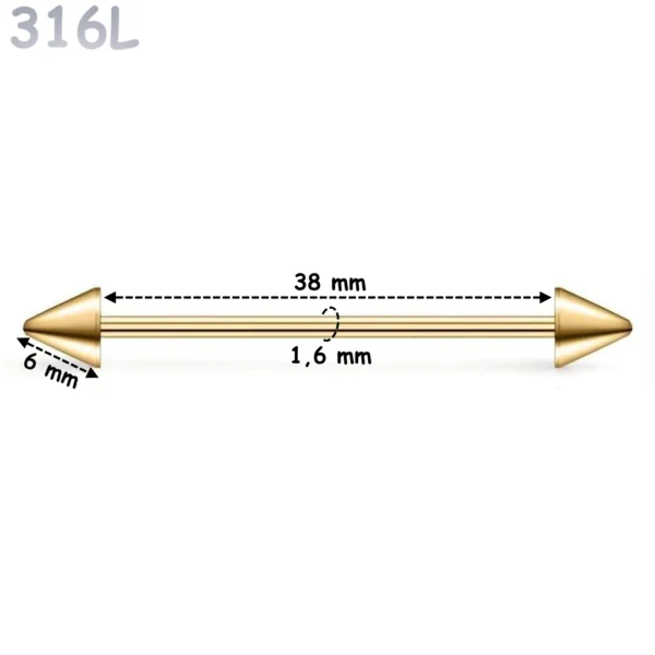 Piercing Industriel Barbell 14G avec Pointes Acier Chirurgical Doré PVD Piercing Industriel Barbell 14G avec Pointes Acier Chirurgical Doré PVD