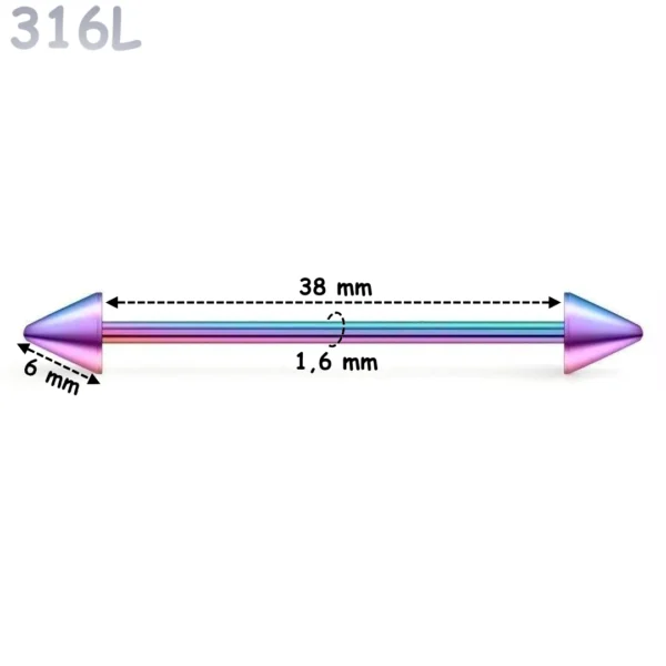 Piercing Industriel Barbell 14G avec Pointes Acier Chirurgical Multicolore PVD Piercing Industriel Barbell 14G avec Pointes Acier Chirurgical Multicolore PVD
