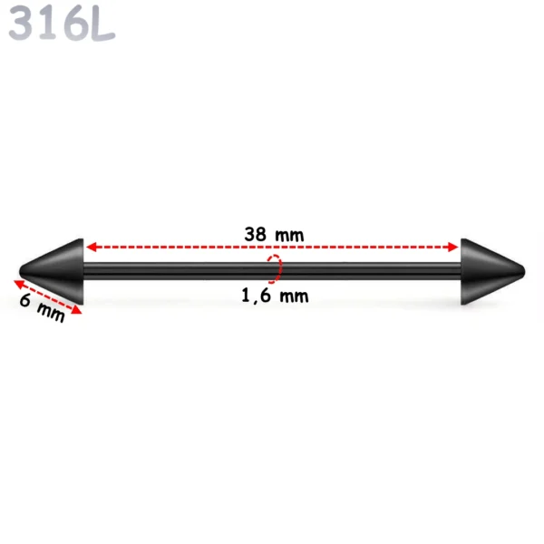 Piercing Industriel Barbell 14G avec Pointes Acier Chirurgical Noir PVD Piercing Industriel Barbell 14G avec Pointes Acier Chirurgical Noir PVD