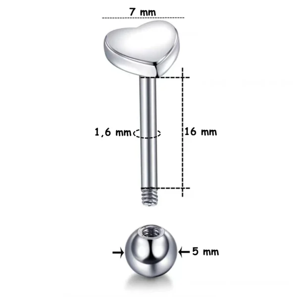 Piercing Langue Cœur Acier 316L Barbell 16 mm (dimensions) Piercing Langue Cœur Acier 316L Barbell 16 mm (dimensions).