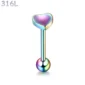 Piercing Langue Cœur Acier Chirurgical Multicolore PVD Barbell 16 mm.