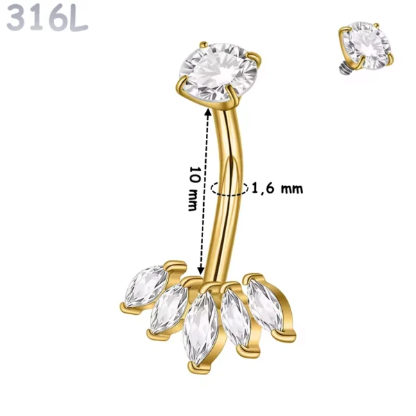 Piercing Nombril 5 Zirconiums Marquise Acier 316L Doré PVD Piercing Nombril 5 Zirconiums Marquise Acier 316L Doré PVD.
