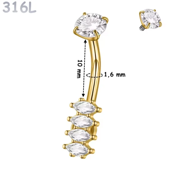 Piercing Nombril Cascade de Zirconiums Marquise Acier 316L Doré PVD Piercing Nombril Cascade de Zirconiums Marquise Acier 316L Doré PVD