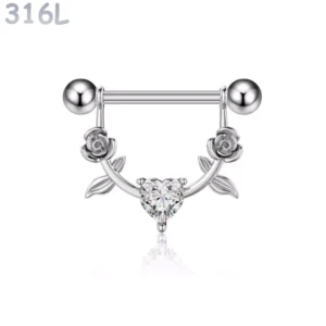 Piercing Téton Arc Fleuri Roses & Cœur Serti Acier 316L.