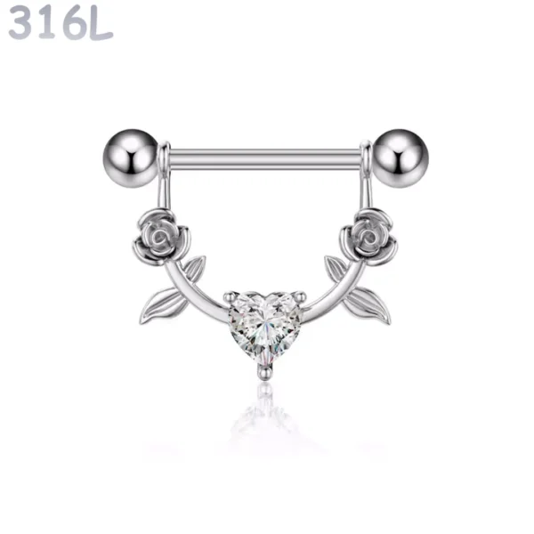 Piercing Téton Arc Fleuri Roses & Cœur Serti Acier 316L.