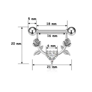 Piercing Téton Arc Fleuri Roses & Cœur Serti Acier 316L (dimensions).