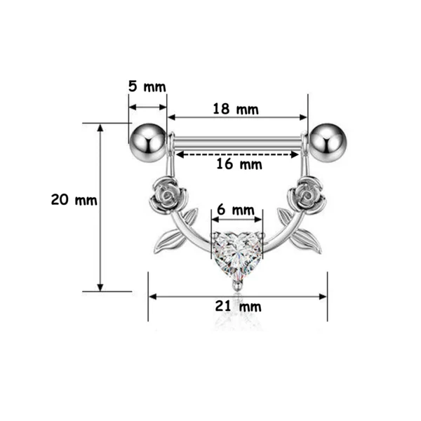 Piercing Téton Arc Fleuri Roses & Cœur Serti Acier 316L (dimensions) Piercing Téton Arc Fleuri Roses & Cœur Serti Acier 316L (dimensions)