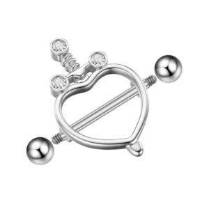 Piercing Téton Barbell 14 mm Cœur Poignard Zircons Acier Chirurgical.