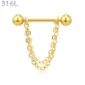 Piercing Téton Barbell Billes & Double Chaîne Pendante Acier 316L Doré PVD