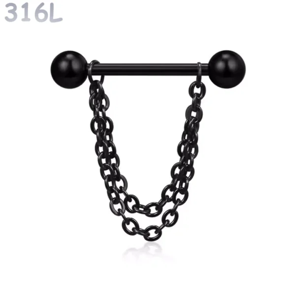 Piercing Téton Barbell Billes & Double Chaîne Pendante Acier 316L Noir PVD Piercing Téton Barbell Billes & Double Chaîne Pendante Acier 316L Noir PVD