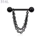 Piercing Téton Barbell Billes & Double Chaîne Pendante Acier 316L Noir PVD