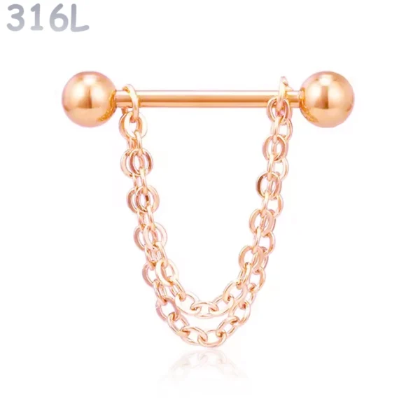Piercing Téton Barbell Billes & Double Chaîne Pendante Acier 316L Or Rose PVD Piercing Téton Barbell Billes & Double Chaîne Pendante Acier 316L Or Rose PVD
