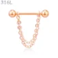 Piercing Téton Barbell Billes & Double Chaîne Pendante Acier 316L Or Rose PVD