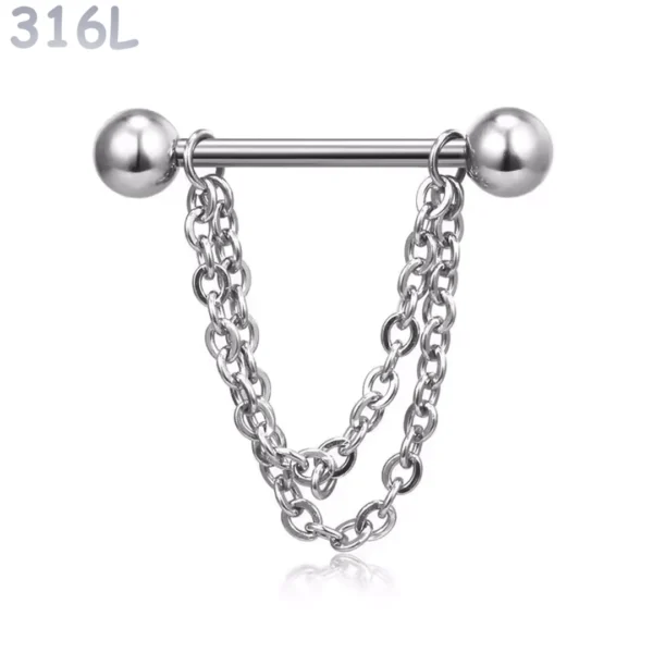 Piercing Téton Barbell Billes & Double Chaîne Pendante Acier 316L Poli Piercing Téton Barbell Billes & Double Chaîne Pendante Acier 316L Poli