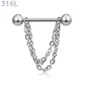 Piercing Téton Barbell Billes & Double Chaîne Pendante Acier 316L Poli