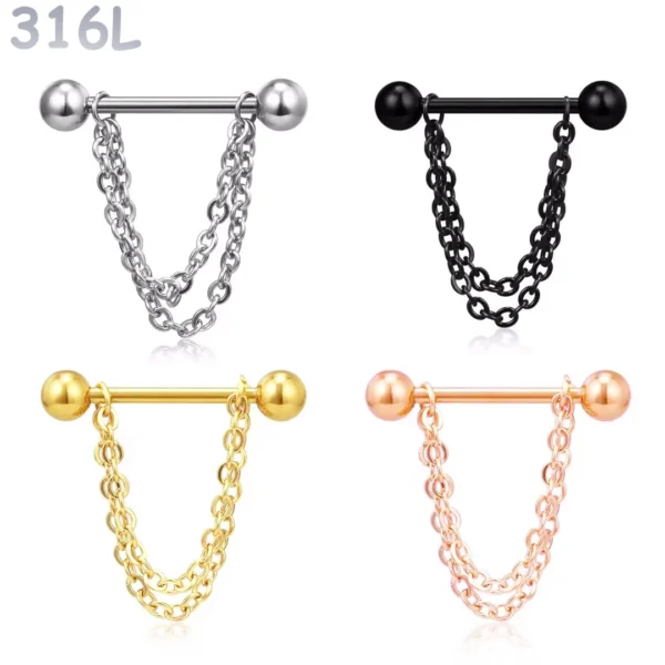 Piercing Téton Barbell & Double Chaîne Pendante Acier 316L.