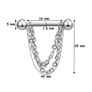 Piercing Téton Barbell & Double Chaîne Pendante Acier Chirurgical (dimensions).