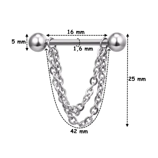Piercing Téton Barbell & Double Chaîne Pendante Acier Chirurgical (dimensions) Piercing Téton Barbell & Double Chaîne Pendante Acier Chirurgical (dimensions)